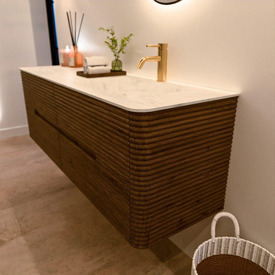 Mondiaz CIRO-DLUX Meuble de salle de bains - 150x45x50cm - Plan-vasque en solid surface Opalo - 1 lavabo à droite - 1 trou de robinet - 4 tiroirs - Dusk