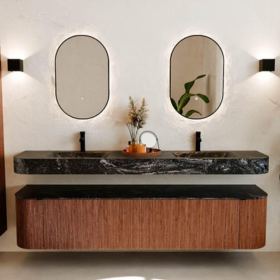 MONDIAZ THOR-DLUX 200cm meuble de salle de bains arrondi gauche + droite couleur Ruby avec 2 tiroirs et 2 portes. Vasque suspendue CLOUD Double 2 trous de robinet couleur Lava.