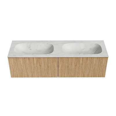 MONDIAZ KURVE-DLUX Meuble de salle de bains 150 cm couleur Oak avec 2 tiroirs. Plan vasque STOR SMALL double 2 trous de robinet couleur Opalo.