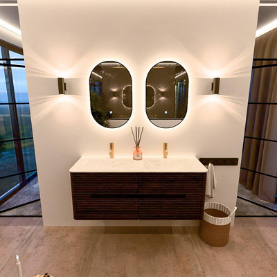 Mondiaz CIRO-DLUX Meuble de salle de bains - 130x45x50cm - plan-vasque solid surface Opalo - 2 vasques double - 2 trous de robinetterie - 4 tiroirs - Noyer