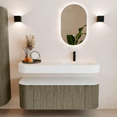 MONDIAZ THOR 130cm meuble de salle de bains arrondi gauche + droite couleur Shadow avec 1 tiroir et 2 portes. Vasque suspendue CLOUD droite 1 trou de robinet couleur Talc.