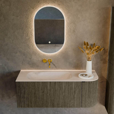MONDIAZ KURVE-DLUX Meuble de salle de bains 115cm arrondi à droite couleur Shadow avec 1 tiroir et 1 porte. Lavabo BIG SMALL à gauche sans trou de robinet Meli.