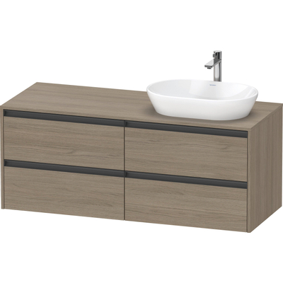 Duravit Ketho.2 Wastafelonderbouwkast - inclusief consoleplaat - met 4 laden - voor waskom rechts - 140x55x56.8cm - met handgrepen antraciet - eiken terra mat