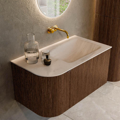MONDIAZ KURVE-DLUX 85cm badmeubel ronding Links kleur Walnut met 1 lade en 1 deur. Wastafel CLOUD Rechts zonder kraangat Meli.