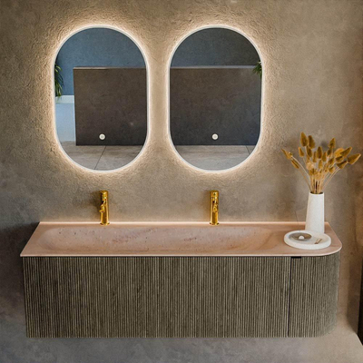 MONDIAZ KURVE-DLUX meuble de salle de bains 145cm arrondi à droite couleur Shadow avec 1 tiroir et 1 porte. Lavabo BIG LARGE à gauche 2 trous de robinet Saba.