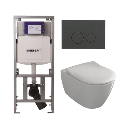 Villeroy & Boch Subway 2.0 Pack WC - réservoir encastré Geberit - à fond creux - WC suspendu - flush direct - plaque de déclenchement mat anthracite - boutons rectangulaires blancs