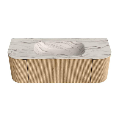 MONDIAZ KURVE-DLUX 130cm badmeubel ronding Links + Rechts kleur Oak met 1 lade en 2 deuren. Wastafel BIG SMALL Midden 1 kraangat Nata.
