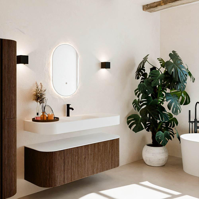 MONDIAZ THOR 130cm meuble de salle de bains arrondi gauche + droite couleur Walnut avec 1 tiroir et 2 portes. Vasque suspendue CLOUD Milieu 1 trou de robinet couleur Talc.