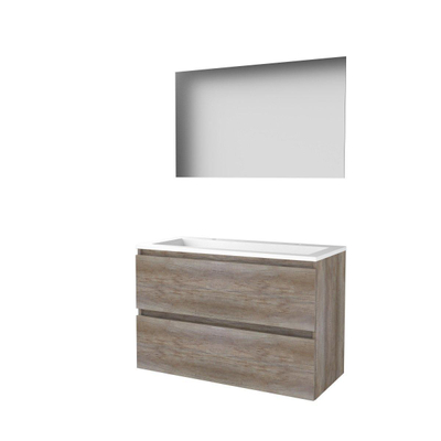 Basic-Line Ultimate 46 ensemble de meubles de salle de bain 100x46cm sans poignée 2 tiroirs lavabo acrylique 2 trous de robinetterie miroir éclairage mfc scotch oak