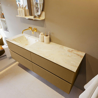 Mondiaz VICA-DLUX ensemble de meuble de salle de bain - 150cm - meuble sous-vasque oro - 4 tiroirs - lavabo encastré cloud gauche - sans trous de robinet - version haute de 60cm - frape