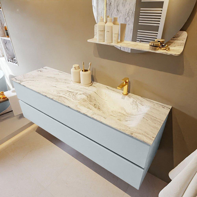 Mondiaz VICA-DLUX ensemble de meuble de salle de bain - 150cm - meuble sous-vasque argile - 2 tiroirs - lavabo encastré nuage droite - 1 trou de robinet - version haute 60cm - glace