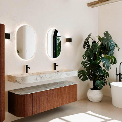 MONDIAZ THOR-DLUX 160cm meuble de salle de bains arrondi gauche + droite couleur Ruby avec 1 tiroir et 2 portes. Vasque suspendue CLOUD Double 2 trous de robinet couleur Glace.