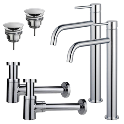 FugaFlow Eccelente Sobrado Badkamer Slim Wastafelkraanset - voor dubbele wastafel - verhoogde wastafelkraan - always open plug - verlaagde design sifon - Chroom