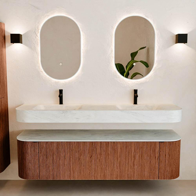 MONDIAZ THOR-DLUX 170cm meuble de salle de bains arrondi gauche + droite couleur Ruby avec 1 tiroir et 2 portes. Vasque suspendue CLOUD Double 2 trous de robinet couleur Opalo.