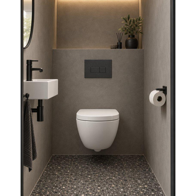 QeramiQ Dely Swirl Compact Toiletset - inbouwreservoir QeramiQ flush - 25mm zitting - kunststof bedieningsplaat mat antraciet - rechthoekige knoppen - glans wit