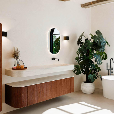 MONDIAZ THOR-DLUX Meuble de salle de bains - 180cm - arrondi gauche + droite - couleur Ruby - 2 tiroirs - 2 portes - Vasque suspendue CLOUD Droite sans trou de robinet - couleur Meli