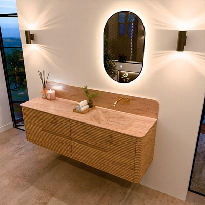 Mondiaz CIRO-DLUX Ensemble de meubles de salle de bains - 160x45x50cm - Plan vasque Solid surface Saba - 1 vasque à droite - sans trous de robinetterie - 4 tiroirs - Chêne