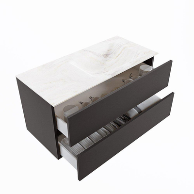 Mondiaz VICA-DLUX Ensemble de meuble de salle de bain - 100cm - meuble sous-vasque gris foncé - 2 tiroirs - lavabo encastré cloud droite - sans trous de robinet - version haute de 60cm - ostra