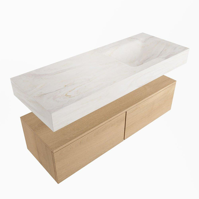Mondiaz ALAN-DLUX Ensemble de meuble - 120cm - meuble Washed Oak mat - 2 tiroirs - Lavabo Cloud Ostra suspendu - vasque Droite - 0 trous de robinet