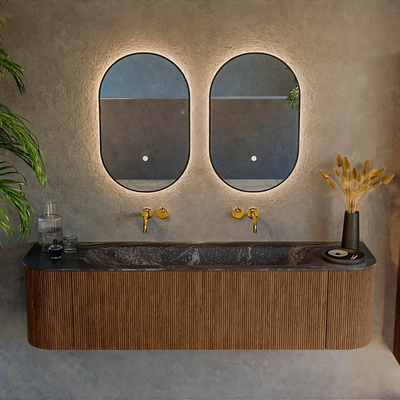 MONDIAZ KURVE-DLUX 170cm Meuble salle de bain avec module 25 G et D - couleur Walnut - 1 tiroir - 2 portes - vasque BIG LARGE centre - sans trou de robinet - couleur Lava