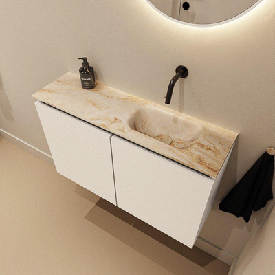 MONDIAZ TURE-DLUX Meuble toilette - 80cm - Talc - EDEN - vasque Frappe - position droite - sans trou de robinet