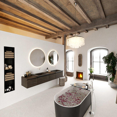 MONDIAZ BUKLA 200cm ensemble de meuble avec module 40 à droite couleur Marron Foncé avec 4 tiroirs. Lavabo CLOUD double 0 trou de robinet couleur Urban.