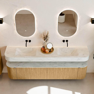 MONDIAZ THOR-DLUX 200cm meuble de salle de bains arrondi gauche + droite couleur Chêne avec 2 tiroirs et 2 portes. Vasque suspendue CLOUD Double sans trou de robinet couleur Opalo.