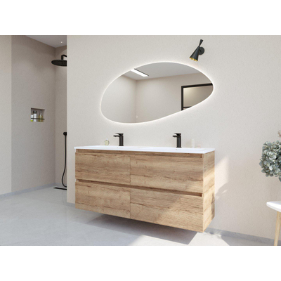 HR badmeubelen Infinity XXL 3D Ensemble meuble de salle de bains - 140 cm - 2 lavabos en céramique gala blanc - 2 trous de robinetterie - 4 tiroirs - chêne français