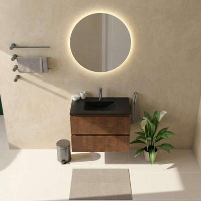 Saniclass Holz Atelier Ensemble de meubles de salle de bains - 80x45x62cm - Lavabo Vygo en céramique noir - 1 vasque - 1 trou de robinet - 2 tiroirs - walnut pure mat (bois)