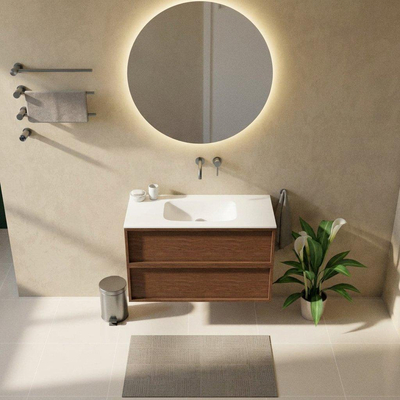 Saniclass Holz Frame Ensemble meuble de salle de bains - 100x45x61.5cm - Flow lavabo en solid surface blanc - 1 vasque - sans trou de robinet - 2 tiroirs - walnut pure mat (bois)