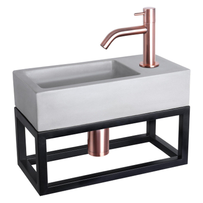 Differnz Ravo kit lave-mains - 38.5x18.5x25cm - Rectangulaire - 1 trou de robinet - robinet en cuivre rose courbé - avec cadre noir - béton gris clair