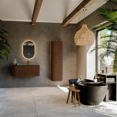 MONDIAZ KURVE-DLUX Meuble de salle de bains 105 cm avec module 25 L couleur Walnut avec 1 tiroir et 1 porte. Lavabo BIG SMALL à droite 1 trou de robinet couleur Lava.