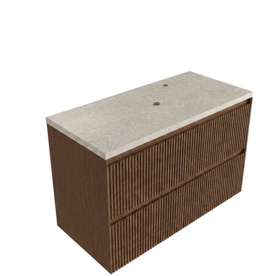 Saniclass Holz Atelier Ensemble meuble de salle de bains - 100x45x63cm - Plan en pierre naturelle travertin - 1 trou de robinet - 2 tiroirs - walnut pure mat (bois)