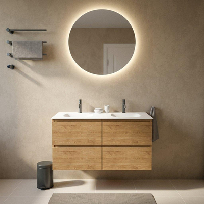 Saniclass Holz Pure Ensemble meuble de salle de bains - 120x45x61.5cm - Flow vasque en solid surface blanche - 2 vasques - 2 trous de robinet - 4 tiroirs - chêne natural mat (bois)
