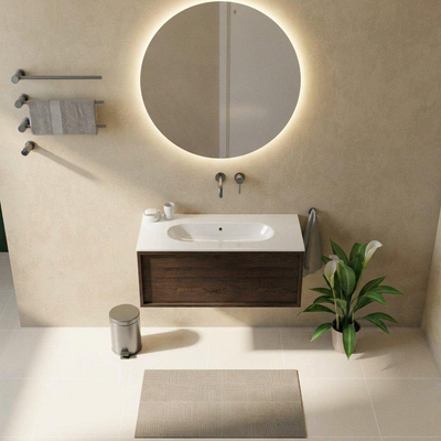 Saniclass Holz Frame Ensemble meuble de salle de bains - 100x45x53.9cm - Lavabo en céramique Chaci blanc - 1 vasque - sans trou de robinet - 1 tiroir - chêne charcoal mat (bois)