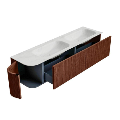 Mondiaz KURVE-DLUX Badkamermeubelset - 175x46x40cm - 2 lade - 1 deur - wastafel solid surface - dubbel / rechts - zonder kraangat - Ruby
