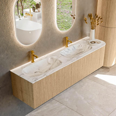 MONDIAZ KURVE-DLUX 175cm Meuble salle de bain avec module 25 D - couleur Oak - 2 tiroirs - 1 porte - vasque STOR SMALL double / gauche - 2 trous de robinet - couleur Glace