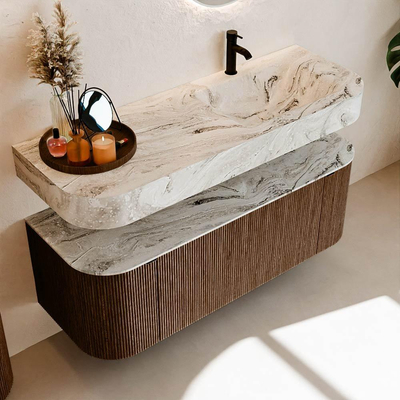 MONDIAZ THOR-DLUX 130cm meuble de salle de bains arrondi gauche + droite couleur Walnut avec 1 tiroir et 2 portes. Vasque suspendue CLOUD Droite 1 trou de robinet couleur Glace.