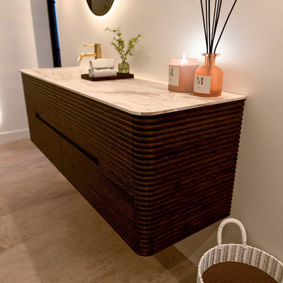 Mondiaz CIRO-DLUX Badkamermeubelset - 150x45x50cm - Solid surface wastafel Frappe - 1 wasbak Links - 1 kraangat - 4 lades - Walnut
