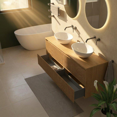 Saniclass Holz Atelier Ensemble de meubles de salle de bains - 160x45x62cm - plan de toilette en bois - sans trou de robinet - 4 tiroirs - chêne natural mat (bois)