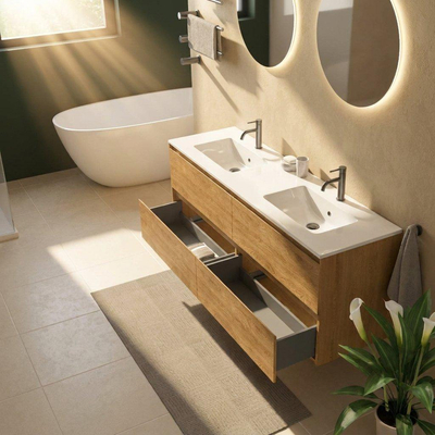 Saniclass Holz Pure Ensemble de meubles de salle de bains - 160x45x62cm - Lavabo Vygo en céramique blanc - 2 vasques - 2 trous de robinetterie - 4 tiroirs - chêne natural mat (bois)