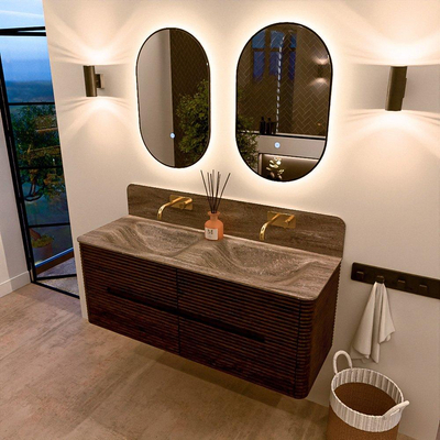Mondiaz CIRO-DLUX Badkamermeubelset - 130x45x50cm - Solid surface wastafel Oza - 2 wasbak Dubbel - zonder kraangaten - 4 lades - Walnut