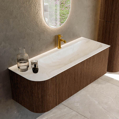 MONDIAZ KURVE-DLUX meuble de salle de bains 125 cm avec module 25 L couleur Walnut avec 1 tiroir et 1 porte. Lavabo BIG MEDIUM à droite 1 trou de robinet couleur Ostra.