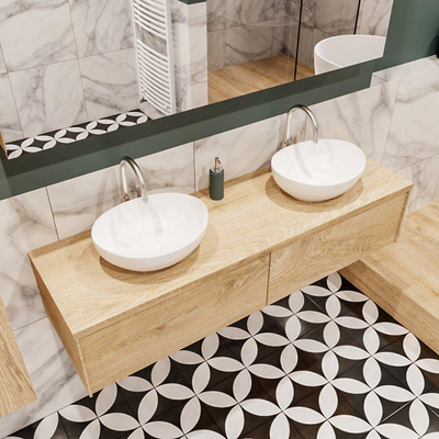 ENSEMBLE DE MEUBLE MONDIAZ LUSH - 150 cm - 2 tiroirs - lavabo BARCO - 2 lavabos - 2 trous de robinet - chêne blanchi