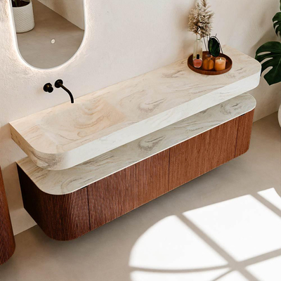 MONDIAZ THOR-DLUX 180cm meuble de salle de bains arrondi gauche + droite couleur Ruby avec 2 tiroirs et 2 portes. Vasque suspendue CLOUD Gauche sans trou de robinet couleur Ostra.