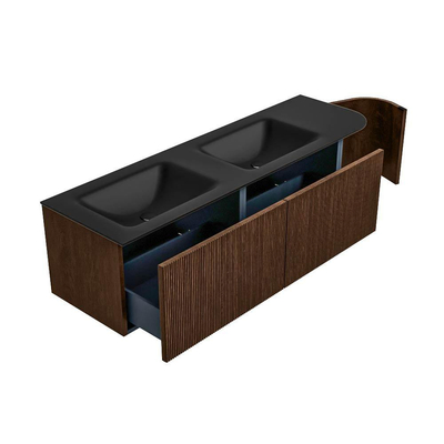 MONDIAZ KURVE 155cm meuble de salle de bains avec module 25 R couleur Walnut avec 2 tiroirs et 1 porte. Lavabo CLOUD double / gauche 2 trous de robinet Urban.