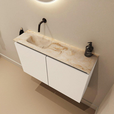 MONDIAZ TURE-DLUX Meuble toilette - 80cm - Talc - EDEN - vasque Frappe - position gauche - sans trou de robinet