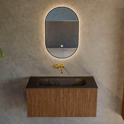 MONDIAZ KURVE 90cm Meuble salle de bain - couleur Walnut - 1 tiroir - vasque BIG SMALL centre - sans trous de robinet - Urban