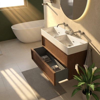 Saniclass Holz Frame Ensemble meuble de salle de bains - 120x45x72cm - Legend lavabo en céramique blanc - 2 vasques - sans trous de robinetterie - 2 tiroirs - noyer pure mat (bois)