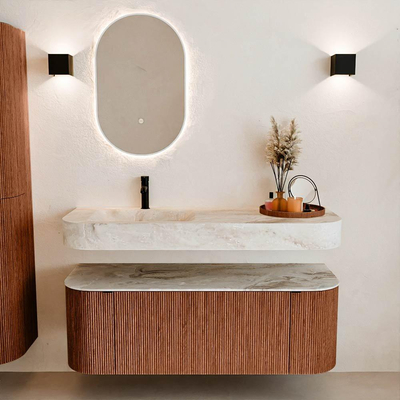 MONDIAZ THOR-DLUX 130cm meuble de salle de bains arrondi gauche + droite couleur Ruby avec 1 tiroir et 2 portes. Vasque suspendue CLOUD Gauche 1 trou de robinet couleur Frappe.